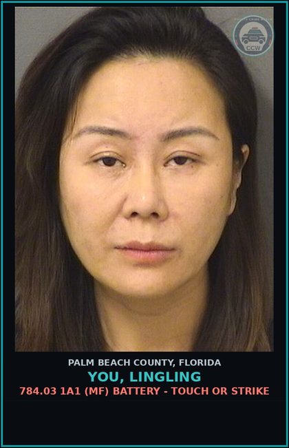 CCW arrest card for YOU, LINGLING in Palm Beach County: 784.03 1A1 (MF) BATTERY - TOUCH OR STRIKE