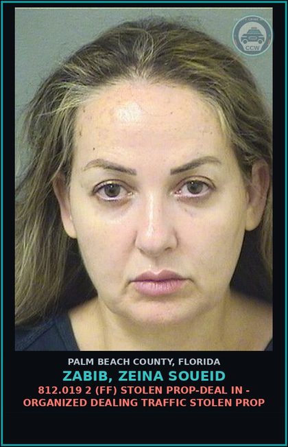 CCW arrest card for ZABIB, ZEINA SOUEID in Palm Beach County: 895.03 4 (FS) PUBLIC ORDER CRIMES - CONSPIRACY ACQ/MAINTAIN RACKETEER REAL PROP
