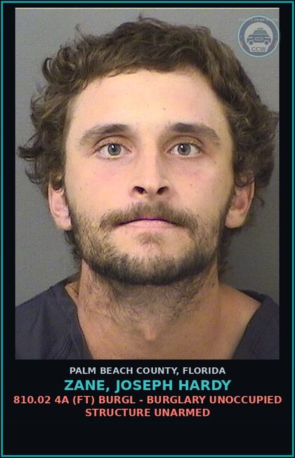 CCW arrest card for ZANE, JOSEPH HARDY in Palm Beach County: 810.02 4A (FT) BURGL - BURGLARY UNOCCUPIED STRUCTURE UNARMED