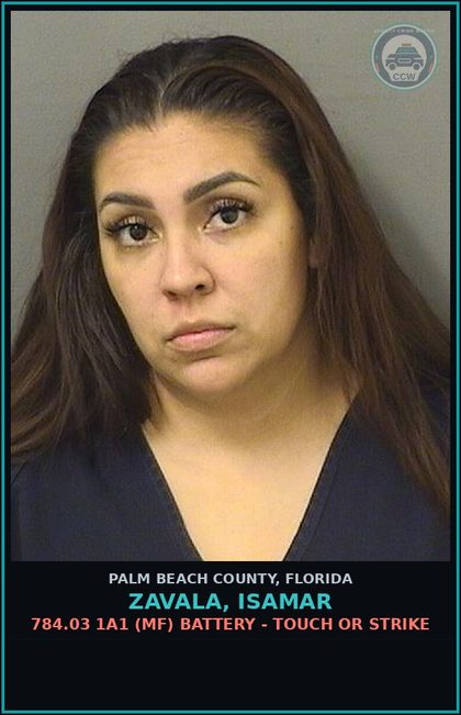 CCW arrest card for ZAVALA, ISAMAR in Palm Beach County: 784.03 1A1 (MF) BATTERY - TOUCH OR STRIKE