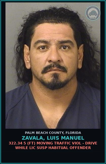 CCW arrest card for ZAVALA, LUIS MANUEL in Palm Beach County: 322.34 5 (FT) MOVING TRAFFIC VIOL - DRIVE WHILE LIC SUSP HABITUAL OFFENDER