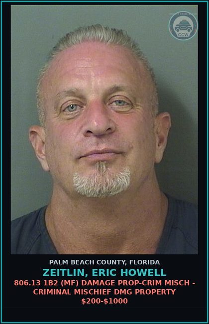 CCW arrest card for ZEITLIN, ERIC HOWELL in Palm Beach County: 806.13 1B2 (MF) DAMAGE PROP-CRIM MISCH - CRIMINAL MISCHIEF DMG PROPERTY $200-$1000