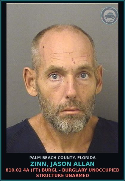 CCW arrest card for ZINN, JASON ALLAN in Palm Beach County: 843.15 1B (MF) FAILURE TO APPEAR -