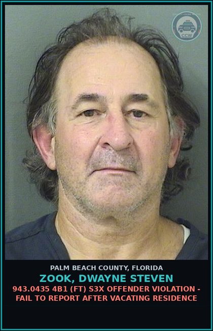 CCW arrest card for ZOOK, DWAYNE STEVEN in Palm Beach County: 943.0435 4B1 (FT) s3x OFFENDER VIOLATION - FAIL TO REPORT AFTER VACATING RESIDENCE
