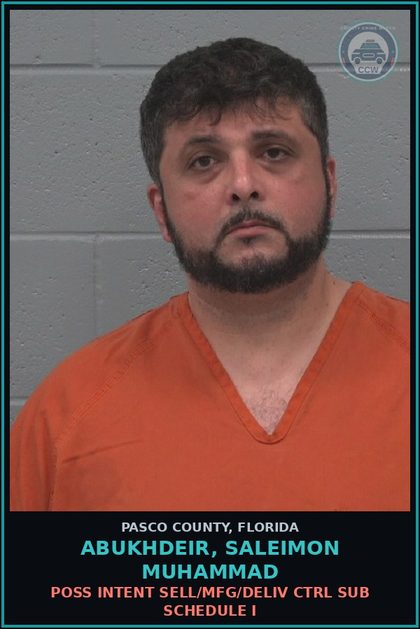 CCW arrest card for ABUKHDEIR, SALEIMON MUHAMMAD in Pasco County: SELL contr substance SCHEDULE I
