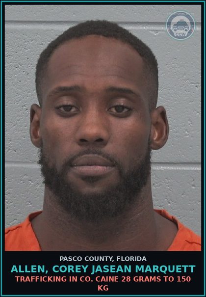 CCW arrest card for ALLEN, COREY JASEAN MARQUETT in Pasco County: TRAFFICKING IN COCAINE 28 GRAMS TO 150 KG