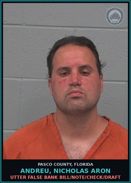 CCW arrest card for ANDREU, NICHOLAS ARON in Pasco County: UTTER FALSE BANK BILL/NOTE/CHECK/DRAFT