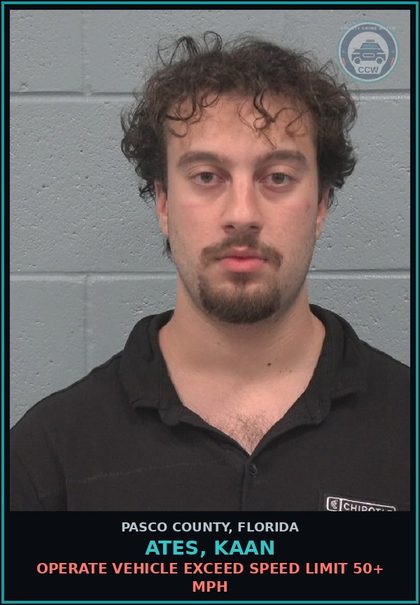 CCW arrest card for ATES, KAAN in Pasco County: OPERATE VEHICLE EXCEED SPEED LIMIT 50+ MPH
