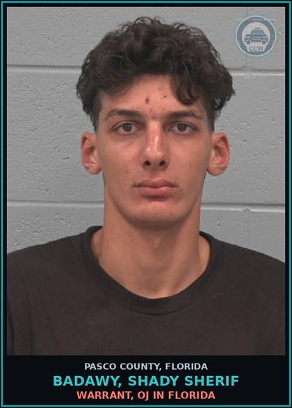 CCW arrest card for BADAWY, SHADY SHERIF in Pasco County: WARRANT, OJ IN FLORIDA