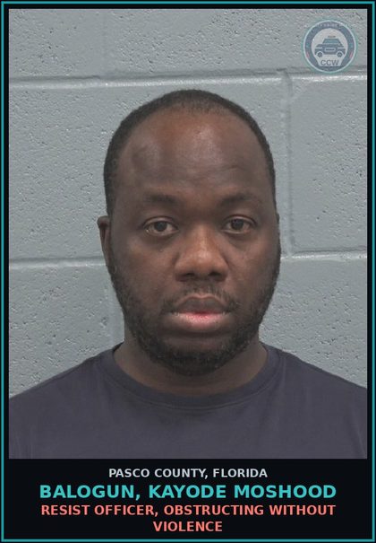 CCW arrest card for BALOGUN, KAYODE MOSHOOD in Pasco County: RESIST OFFICER, OBSTRUCTING WITHOUT VIOLENCE