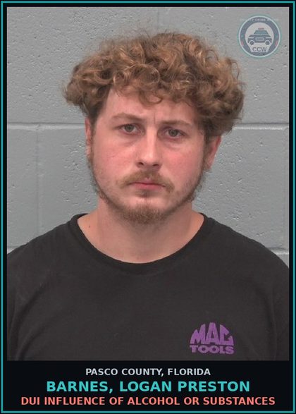 CCW arrest card for BARNES, LOGAN PRESTON in Pasco County: DUI INFLUENCE OF ALCOHOL OR DRUGS