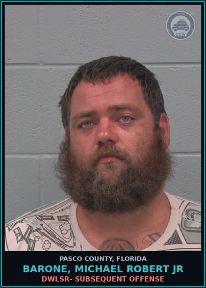 CCW arrest card for BARONE, MICHAEL ROBERT JR in Pasco County: DWLSR- SUBSEQUENT OFFENSE