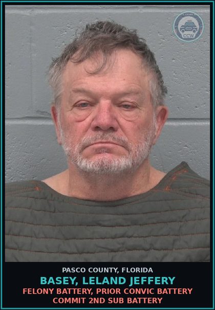 CCW arrest card for BASEY, LELAND JEFFERY in Pasco County: FELONY BATTERY, PRIOR CONVIC BATTERY COMMIT 2ND SUB BATTERY