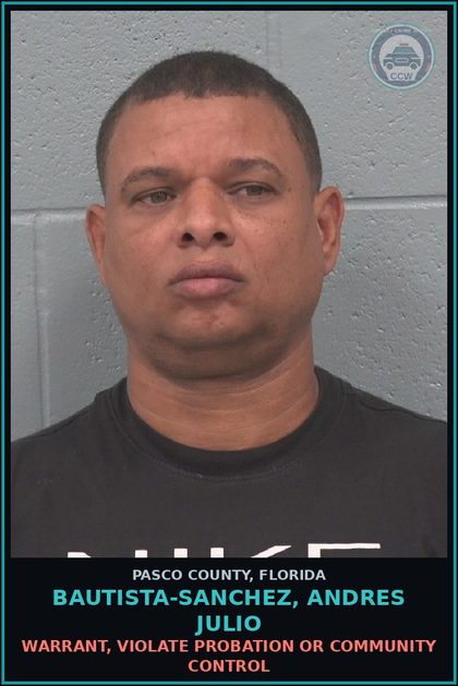 CCW arrest card for BAUTISTA-SANCHEZ, ANDRES JULIO in Pasco County: WARRANT, VIOLATE PROBATION OR COMMUNITY CONTROL