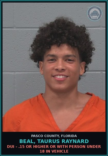 CCW arrest card for BEAL, TAURUS RAYNARD in Pasco County: DUI - .15 OR HIGHER OR WITH PERSON UNDER 18 IN VEHICLE