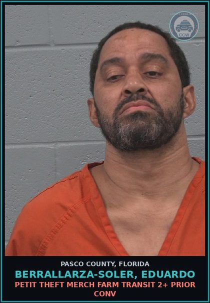 CCW arrest card for BERRALLARZA-SOLER, EDUARDO in Pasco County: PETIT THEFT MERCH FARM TRANSIT 2+ PRIOR CONV