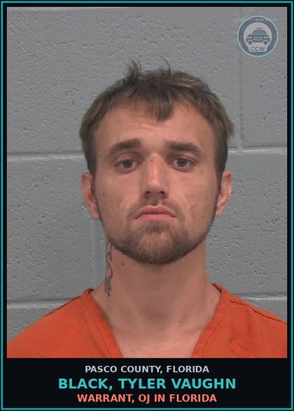 CCW arrest card for BLACK, TYLER VAUGHN in Pasco County: WARRANT, OJ IN FLORIDA