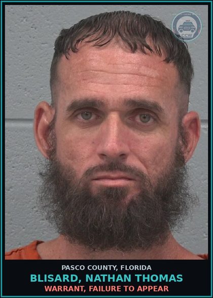 CCW arrest card for BLISARD, NATHAN THOMAS in Pasco County: WARRANT, FAILURE TO APPEAR
