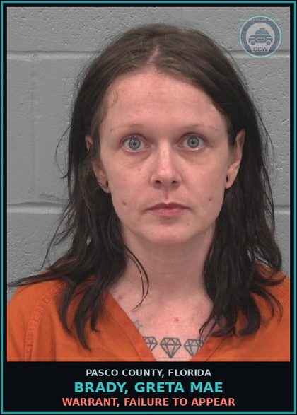 CCW arrest card for BRADY, GRETA MAE in Pasco County: WARRANT, FAILURE TO APPEAR
