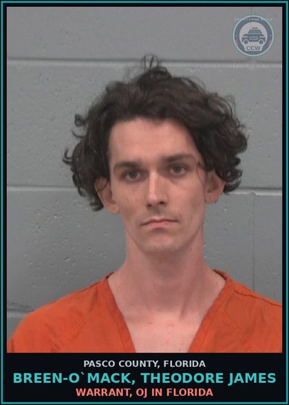 CCW arrest card for BREEN-O`MACK, THEODORE JAMES in Pasco County: WARRANT, OJ IN FLORIDA