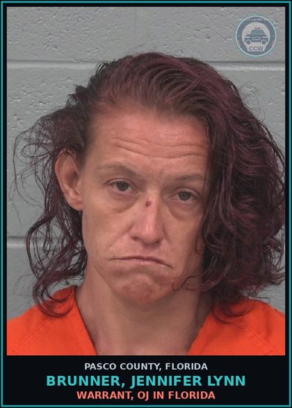 CCW arrest card for BRUNNER, JENNIFER LYNN in Pasco County: WARRANT, OJ IN FLORIDA