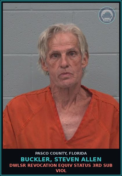 CCW arrest card for BUCKLER, STEVEN ALLEN in Pasco County: DWLSR REVOCATION EQUIV STATUS 3RD SUB VIOL