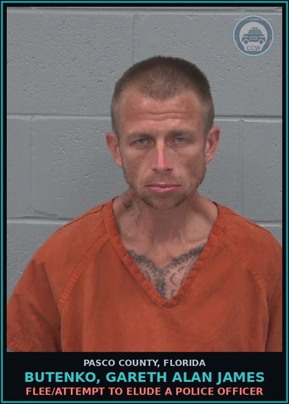 CCW arrest card for BUTENKO, GARETH ALAN JAMES in Pasco County: FLEE/ATTEMPT TO ELUDE A POLICE OFFICER