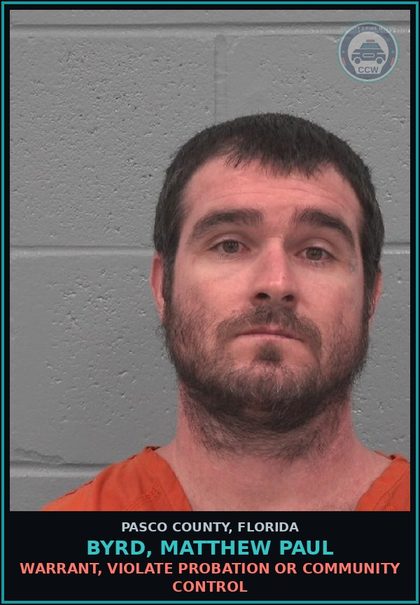 CCW arrest card for BYRD, MATTHEW PAUL in Pasco County: WARRANT, VIOLATE PROBATION OR COMMUNITY CONTROL
