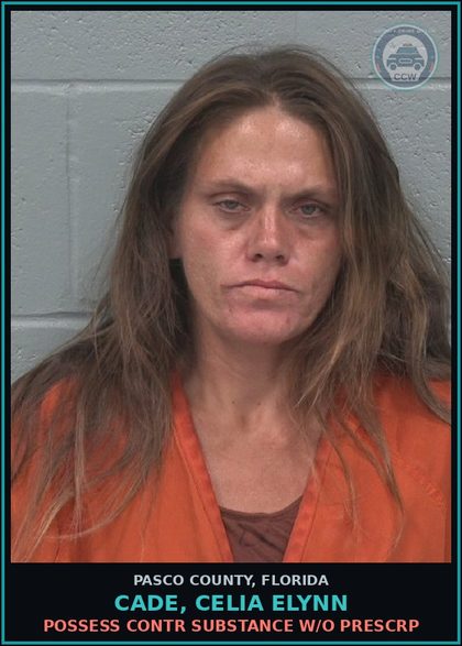 CCW arrest card for CADE, CELIA ELYNN in Pasco County: POSSESS contr substance W/O PRESCRIPTION