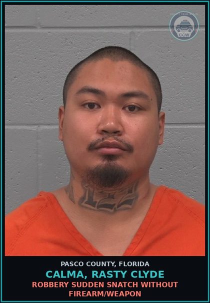 CCW arrest card for CALMA, RASTY CLYDE in Pasco County: ROBBERY SUDDEN SNATCH WITHOUT FIREARM/WEAPON