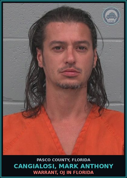 CCW arrest card for CANGIALOSI, MARK ANTHONY in Pasco County: WARRANT, OJ IN FLORIDA