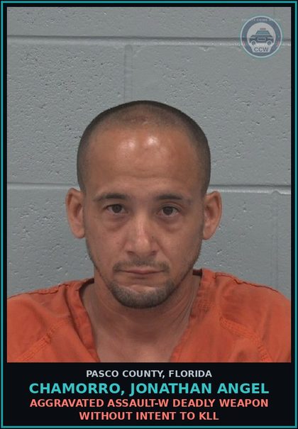CCW arrest card for CHAMORRO, JONATHAN ANGEL in Pasco County: AGGRAVATED ASSAULT-W DEADLY WEAPON WITHOUT INTENT TO KILL