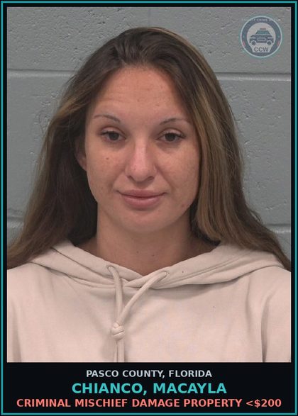 CCW arrest card for CHIANCO, MACAYLA in Pasco County: CRIMINAL MISCHIEF DAMAGE PROPERTY <$200
