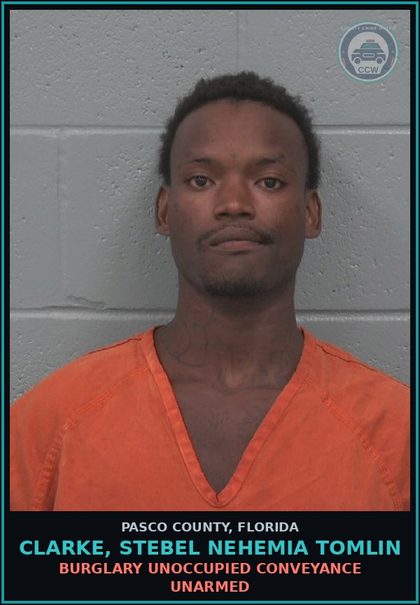 CCW arrest card for CLARKE, STEBEL NEHEMIA TOMLIN in Pasco County: BURGLARY UNOCCUPIED CONVEYANCE UNARMED