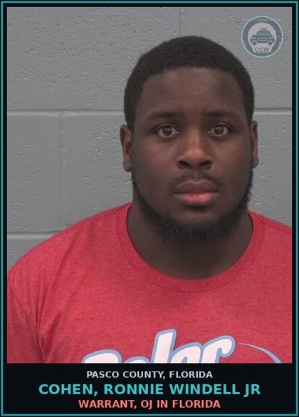 CCW arrest card for COHEN, RONNIE WINDELL JR in Pasco County: WARRANT, OJ IN FLORIDA