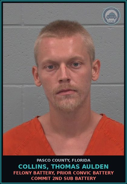 CCW arrest card for COLLINS, THOMAS AULDEN in Pasco County: FELONY BATTERY, PRIOR CONVIC BATTERY COMMIT 2ND SUB BATTERY
