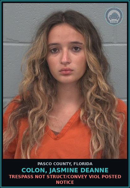 CCW arrest card for COLON, JASMINE DEANNE in Pasco County: TRESPASS NOT STRUCT/CONVEY VIOL POSTED NOTICE