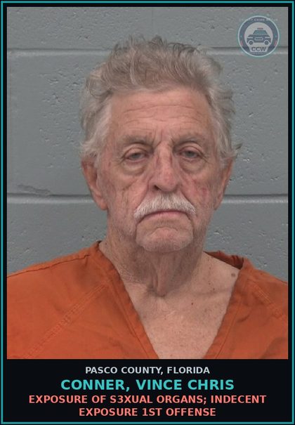 CCW arrest card for CONNER, VINCE CHRIS in Pasco County: EXPOSURE OF s3xual ORGANS; INDECENT EXPOSURE 1ST OFFENSE