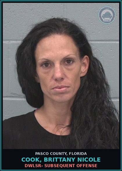CCW arrest card for COOK, BRITTANY NICOLE in Pasco County: DWLSR- SUBSEQUENT OFFENSE
