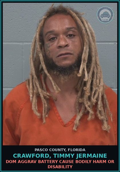 CCW arrest card for CRAWFORD, TIMMY JERMAINE in Pasco County: DOM AGGRAV BATTERY CAUSE BODILY HARM OR DISABILITY