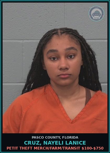 CCW arrest card for CRUZ, NAYELI LANICE in Pasco County: PETIT THEFT MERCH/FARM/TRANSIT $100-$750