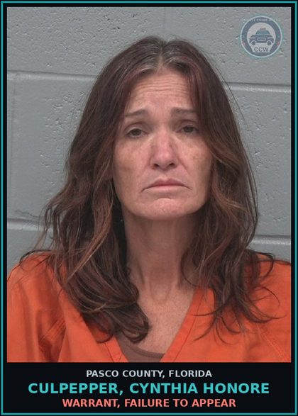 CCW arrest card for CULPEPPER, CYNTHIA HONORE in Pasco County: WARRANT, FAILURE TO APPEAR