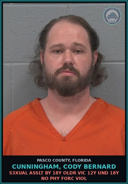 CCW arrest card for CUNNINGHAM, CODY BERNARD in Pasco County: s3xual ASSLT BY 18Y OLDR VIC 12Y UND 18Y NO PHY FORC VIOL