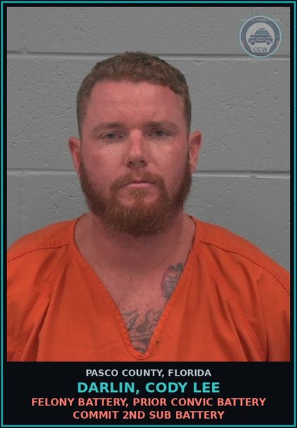 CCW arrest card for DARLIN, CODY LEE in Pasco County: FELONY BATTERY, PRIOR CONVIC BATTERY COMMIT 2ND SUB BATTERY