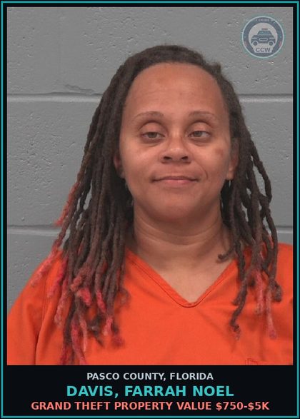 CCW arrest card for DAVIS, FARRAH NOEL in Pasco County: GRAND THEFT PROPERTY VALUE $750-$5K
