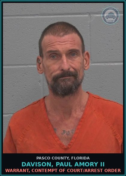 CCW arrest card for DAVISON, PAUL AMORY II in Pasco County: WARRANT, CONTEMPT OF COURT/ARREST ORDER