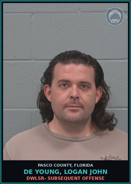CCW arrest card for DE YOUNG, LOGAN JOHN in Pasco County: DWLSR- SUBSEQUENT OFFENSE