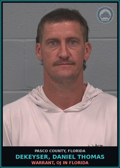 CCW arrest card for DEKEYSER, DANIEL THOMAS in Pasco County: WARRANT, OJ IN FLORIDA