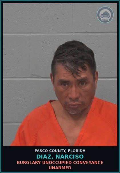 CCW arrest card for DIAZ, NARCISO in Pasco County: BURGLARY UNOCCUPIED CONVEYANCE UNARMED