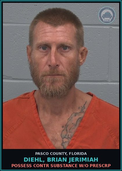 CCW arrest card for DIEHL, BRIAN JERIMIAH in Pasco County: POSSESS contr substance W/O PRESCRIPTION